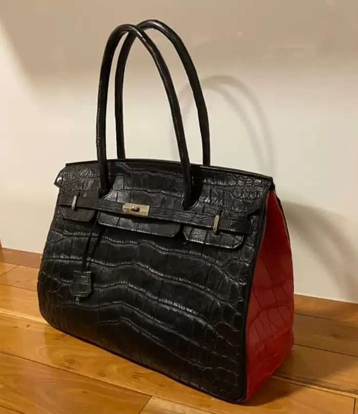 $1,450 Exclusive Custom Black Crocodile Tote Bag with Striking Red Highlights